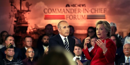 NEW YORK, NY - SEPTEMBER 07:  Matt Lauer looks on as Democratic presidential nominee Hillary Clinton speaks during the NBC News Commander-in-Chief Forum on September 7, 2016 in New York City. Clinton and Republican presidential nominee Donald Trump are participating in the NBC News Commander-in-Chief Forum.  (Photo by Justin Sullivan/Getty Images)
