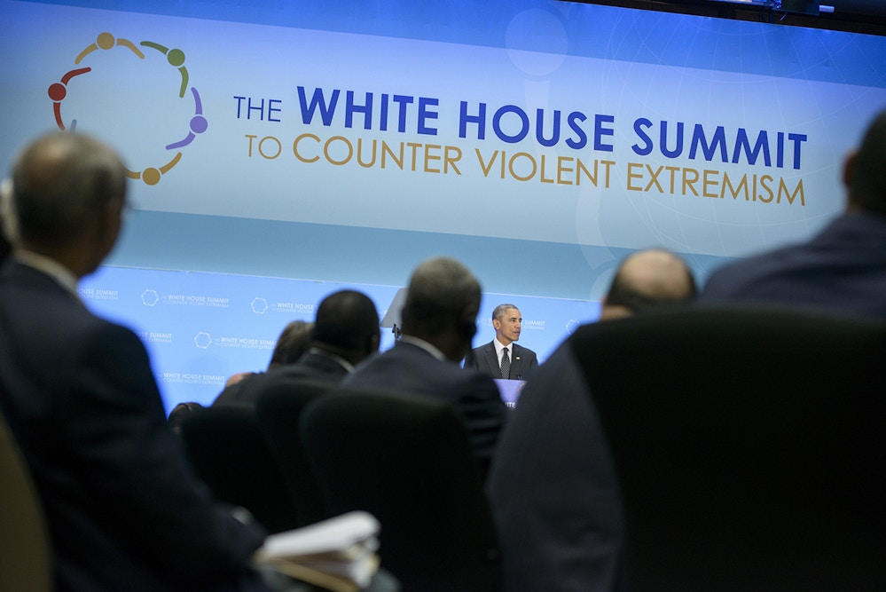US President Barack Obama speaks during the White House Summit on Countering Violent Extremism at the US State Department February 19, 2015 in Washington, DC. Obama reiterated his call for the world to stand up to violent extremism Thursday, saying jihadists peddle a the lie that there is a clash of civilizations. "The notion that the West is at war with Islam is an ugly lie," he told a three-day conference on combatting extremism. AFP PHOTO/BRENDAN SMIALOWSKI        (Photo credit should read BRENDAN SMIALOWSKI/AFP/Getty Images)