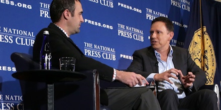 WASHINGTON, DC - OCTOBER 31:  Entrepreneur Peter Thiel (R) participates in a discussion with National Press Club president and Washington correspondent for the Salt Lake Tribune Thomas Burr (L) at the National Press Club on October 31, 2016 in Washington, DC. Thiel discussed his support for Republican presidential nominee Donald Trump.  (Photo by Alex Wong/Getty Images)