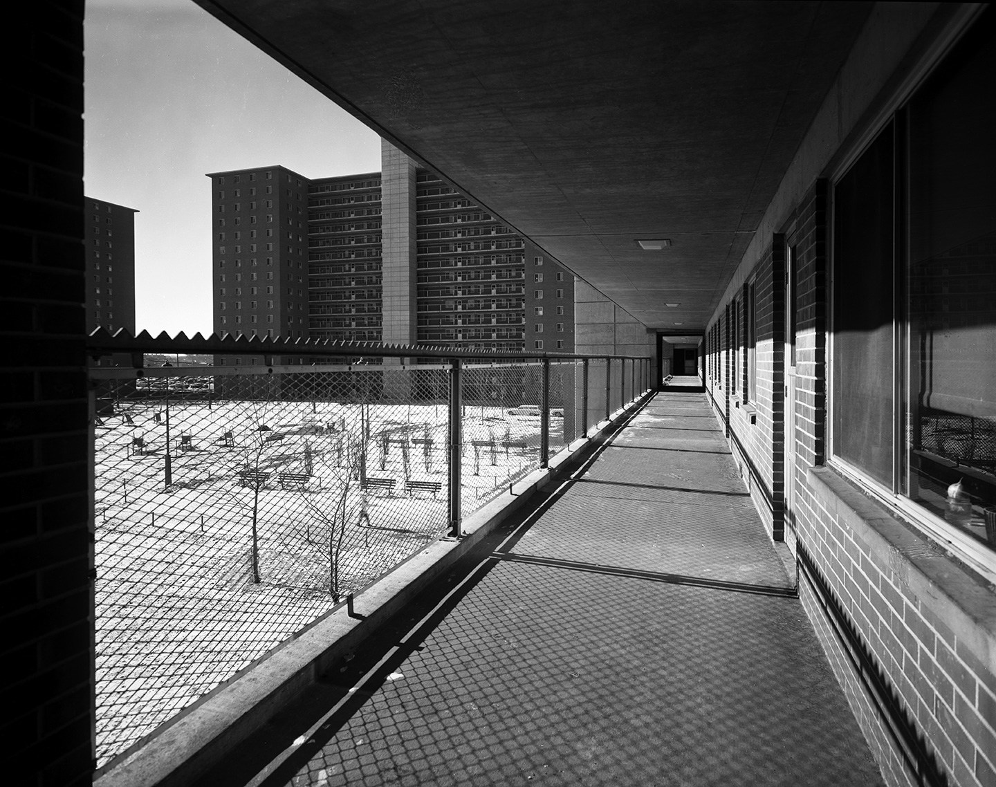 View of exterior walkway at Robert Taylor Homes public housing, Chicago, Illinois, January 3, 1963. (Photo by Hedrich-Blessing Collection/Chicago History Museum/Getty Images)
