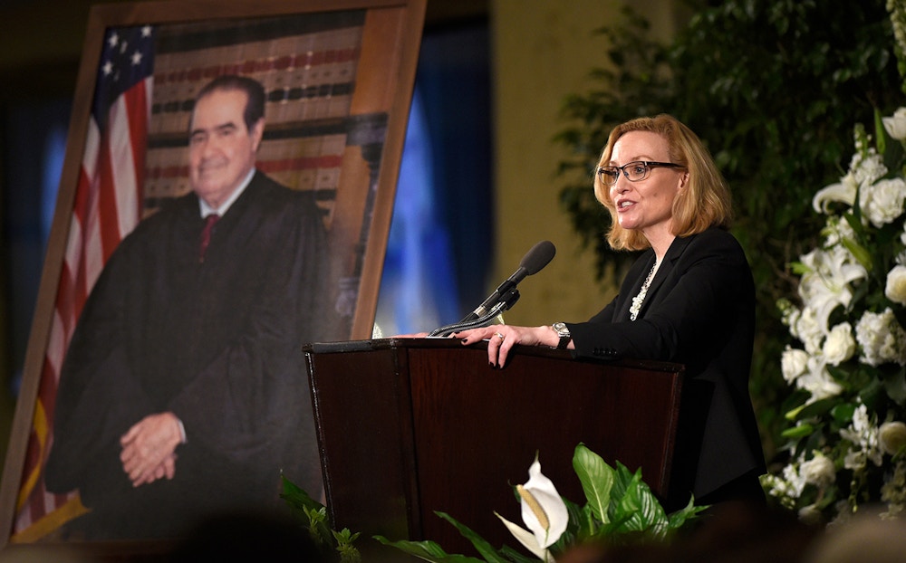 WASHINGTON, DC - MARCH 1: Justice Joan Larsen of the Michigan Supreme Court and a former clerk for Supreme Court Justice Antonin Scalia speaks at his memorial service at the Mayflower Hotel March 1, 2016 in Washington, DC. Justice Scalia died February 13 while on a hunting trip in Texas. (Photo by Susan Walsh-Pool/Getty Images)