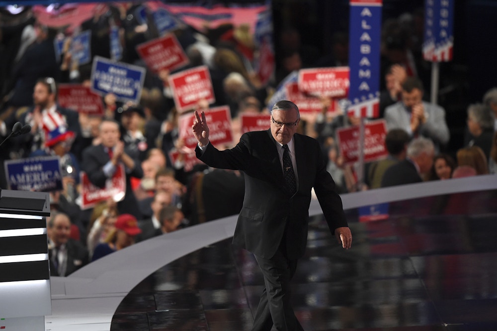 CLEVELAND, OH - JULY 21:<br /><br /><br /><br /><br /><br />
Sheriff Joe Arpaio exits the stage after delivering a speech at the Republican National Convention on Thursday, July 21, 2016. (Photo by Toni L. Sandys/The Washington Post via Getty Images)
