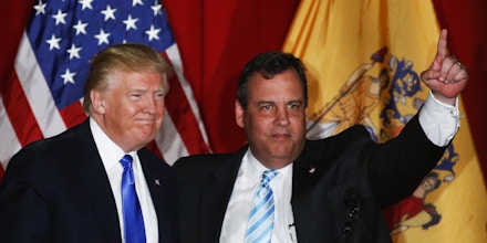 Republican presidential candidate Donald Trump (L) and New Jersey governor Chris Christie greet the crowd at a fundraising event in Lawrenceville, New Jersey on May 19, 2016.   / AFP / EDUARDO MUNOZ ALVAREZ        (Photo credit should read EDUARDO MUNOZ ALVAREZ/AFP/Getty Images)