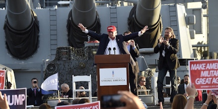 Republican presidential candidate Donald Trump gives a national security speech aboard the World War II Battleship USS Iowa, September 15, 2015, in San Pedro, California.   AFP PHOTO /ROBYN BECK        (Photo credit should read ROBYN BECK/AFP/Getty Images)