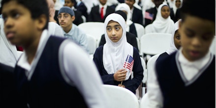 Children from Al-Rahmah school wait for President Barack Obama during his visit to the Islamic Society of Baltimore on Feb. 3, 2016, in Baltimore, Maryland. 
