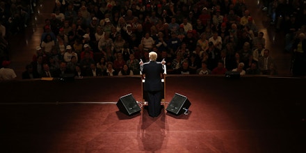CARMEL, IN - MAY 02:  Republican presidential candidate Donald Trump speaks during a campaign stop at the Palladium at the Center for the Performing Arts on May 2, 2016 in Carmel, Indiana. Trump continues to campaign leading up to the Indiana primary on May 3.  (Photo by Joe Raedle/Getty Images)
