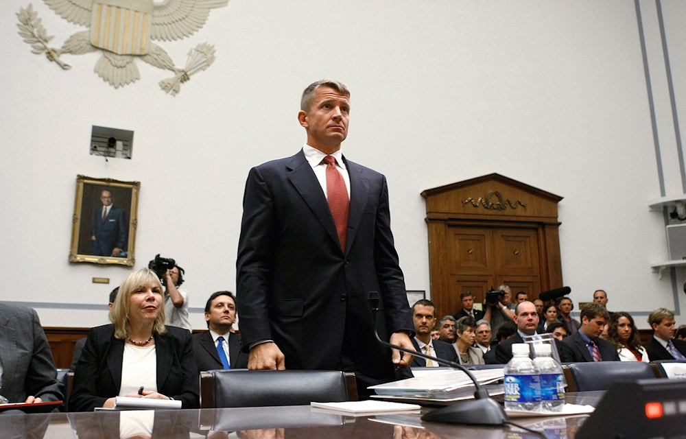 WASHINGTON - OCTOBER 02:  Erik Prince, chairman of the Prince Group, LLC and Blackwater USA, participates in a House Oversight and Government Reform Committee hearing on Capitol Hill October 2, 2007 in Washington, DC. The committee is hearing testimony from officials regarding private security contracting in Iraq and Afghanistan.  (Photo by Mark Wilson/Getty Images)