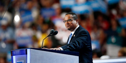 Representative Keith Ellison, a Democrat from Minnesota, pauses while speaking during the Democratic National Convention (DNC) in Philadelphia, Pennsylvania, U.S., on Monday, July 25, 2016. 