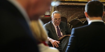 WASHINGTON, DC - MAY 14:  U.S. Sen. Charles Schumer (D-NY) speaks to members of the media May 14, 2015 at the Capitol in Washington, DC. The Senate has approved a measure to crack down on currency manipulation by trading partners.  (Photo by Alex Wong/Getty Images)