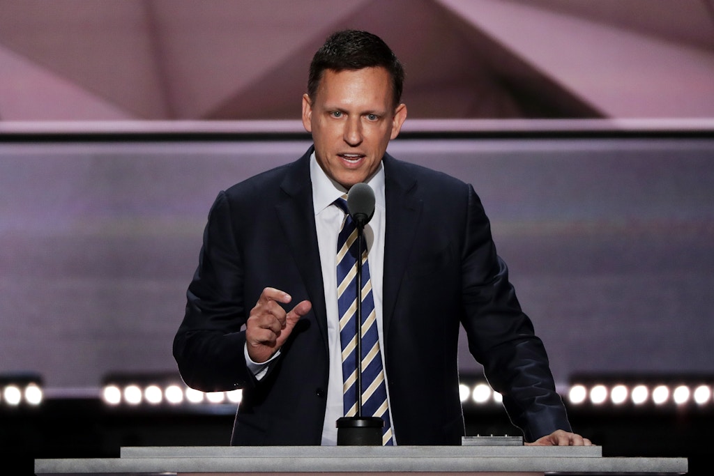 CLEVELAND, OH - JULY 21:  Peter Thiel, co-founder of PayPal,  delivers a speech during the evening session on the fourth day of the Republican National Convention on July 21, 2016 at the Quicken Loans Arena in Cleveland, Ohio. Republican presidential candidate Donald Trump received the number of votes needed to secure the party's nomination. An estimated 50,000 people are expected in Cleveland, including hundreds of protesters and members of the media. The four-day Republican National Convention kicked off on July 18.  (Photo by Alex Wong/Getty Images)