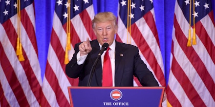 US President-elect Donald Trump adresses a CNN journalist (Jim Acosta, unseen)and refuses toanswer his question during a press conference on January 11, 2017 in New York.Donald Trump is holding his first news conference in nearly six months Wednesday, amid explosive allegations over his ties to Russia, a little more than a week before his inauguration. / AFP / DON EMMERT (Photo credit should read DON EMMERT/AFP/Getty Images)