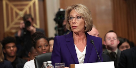 WASHINGTON, DC - JANUARY 17:  Betsy DeVos, President-elect Donald Trump's pick to be the next Secretary of Education, testifies during her confirmation hearing before the Senate Health, Education, Labor and Pensions Committee in the Dirksen Senate Office Building on Capitol Hill  January 17, 2017 in Washington, DC. DeVos is known for her advocacy of school choice and education voucher programs and is a long-time leader of the Republican Party in Michigan.  (Photo by Chip Somodevilla/Getty Images)