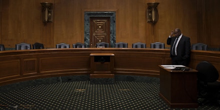 Empty seats in the Senate Finance Committee hearing room on Capitol Hill in Washington, DC, January 31, 2017, after Senate democrats boycotted the markup hearings for the nominations of Steven T. Mnuchin, of California, to be Secretary of the Treasury, and Thomas Price, of Georgia, to be Secretary of Health and Human Services. / AFP / JIM WATSON (Photo credit should read JIM WATSON/AFP/Getty Images)