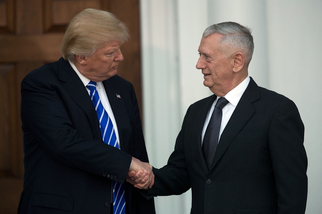 BEDMINSTER TOWNSHIP, NJ - NOVEMBER 19:  (L to R) President-elect Donald Trump shakes hands with retired United States Marine Corps general James Mattis after their meeting at Trump International Golf Club, November 19, 2016 in Bedminster Township, New Jersey. Trump and his transition team are in the process of filling cabinet and other high level positions for the new administration.  (Photo by Drew Angerer/Getty Images)