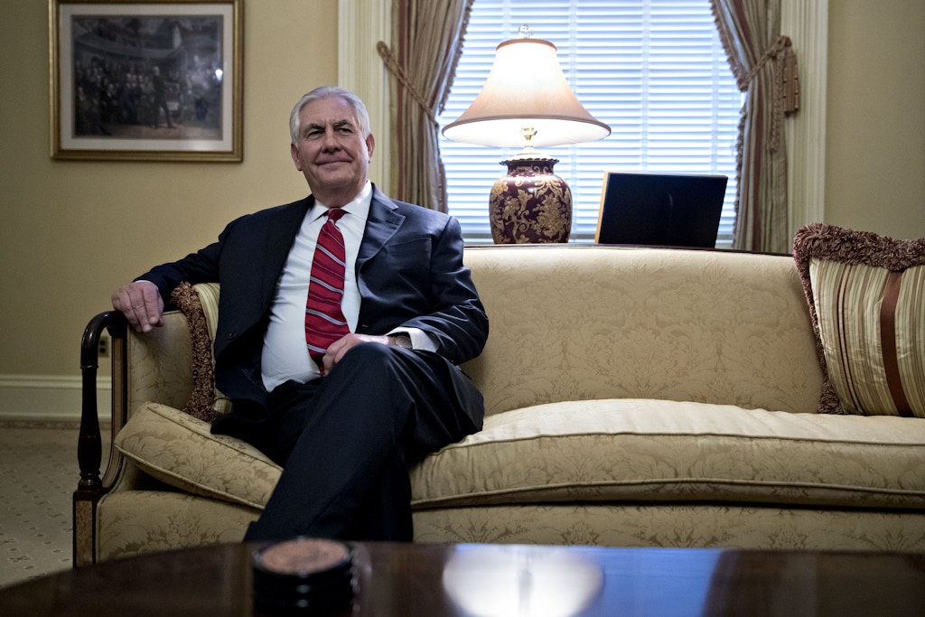 Rex Tillerson, former chief executive officer of Exxon Mobile Corp. and U.S. secretary of state nominee for president-elect Donald Trump, sits during a meeting with Senate Majority Leader Mitch McConnell, a Republican from Kentucky, not pictured, on Capitol Hill in Washington, D.C., U.S., on Wednesday, Jan. 4, 2017. Tillerson will relinquish control of about $240 million in company shares if confirmed as he severs ties to comply with conflict-of-interest requirements. Photographer: Andrew Harrer/Bloomberg via Getty Images