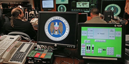 Fort Meade, UNITED STATES:  A computer workstation bears the National Security Agency (NSA) logo inside the Threat Operations Center inside the Washington suburb of Fort Meade, Maryland, intelligence gathering operation 25 January 2006 after US President George W. Bush delivered a speech behind closed doors and met with employees in advance of Senate hearings on the much-criticized domestic surveillance.   AFP PHOTO/Paul J. RICHARDS  (Photo credit should read PAUL J. RICHARDS/AFP/Getty Images)