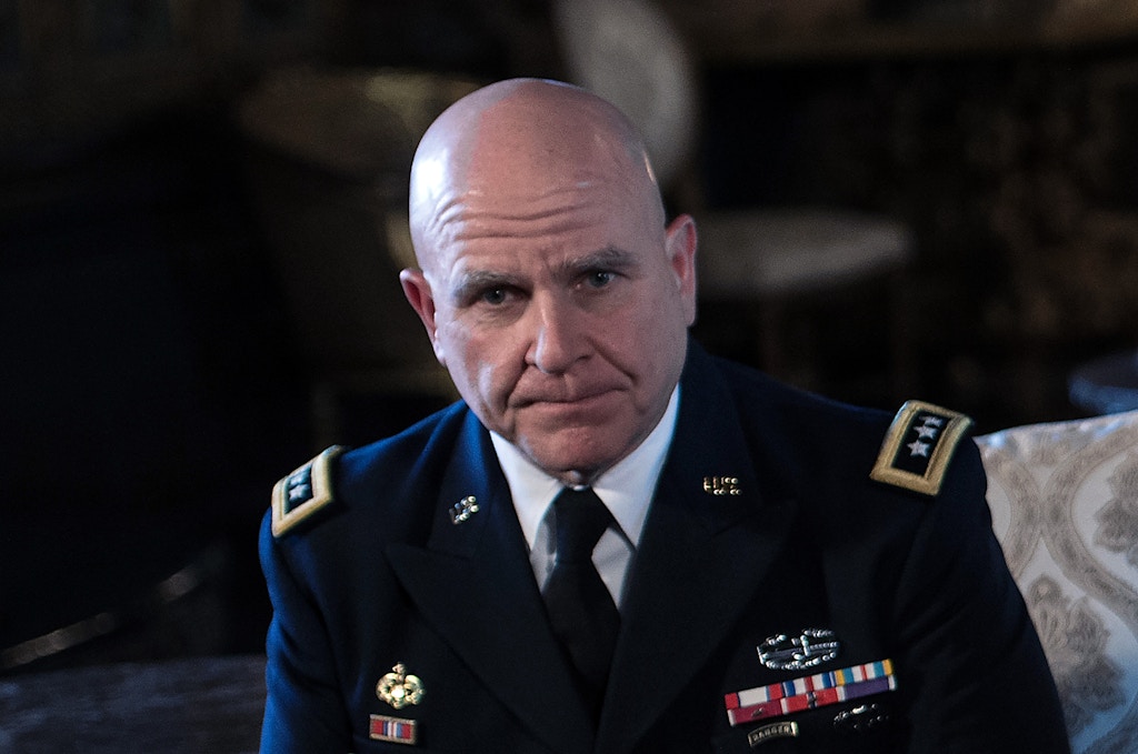 US Army Lieutenant General H.R. McMaster looks on as US President Donald Trump announces him as his national security adviser at his Mar-a-Lago resort in Palm Beach, Florida, on February 20, 2017. / AFP / NICHOLAS KAMM        (Photo credit should read NICHOLAS KAMM/AFP/Getty Images)