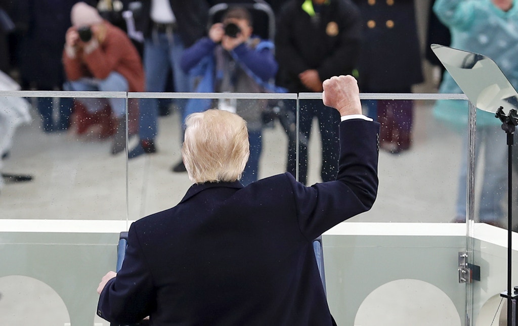 President Donald Trump puts his fist after speaking during the 58th Presidential Inauguration at the U.S. Capitol in Washington, Friday, Jan. 20, 2017. (AP Photo/Carolyn Kaster)