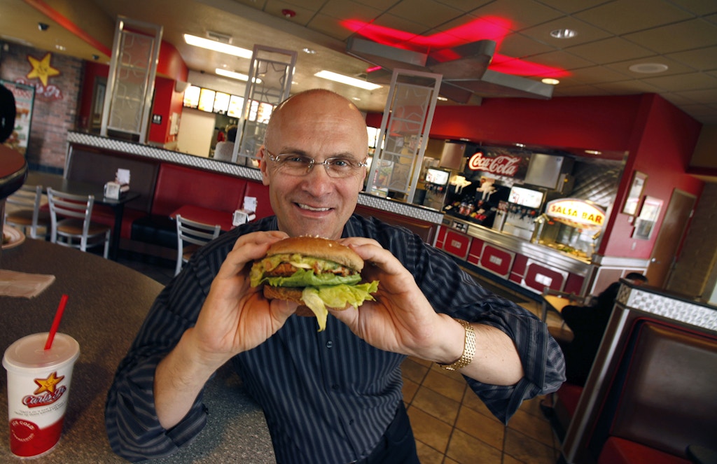 Andy Puzder, President of CKE Restaurants at a Carls Jr. Restaurant in Carpinteria with a turkey burger, as sales have been increasing at Carl's, Jr., restaurants over the past few months with CKE reporting earnings on June 28.  (Photo by Al Seib/Los Angeles Times via Getty Images)
