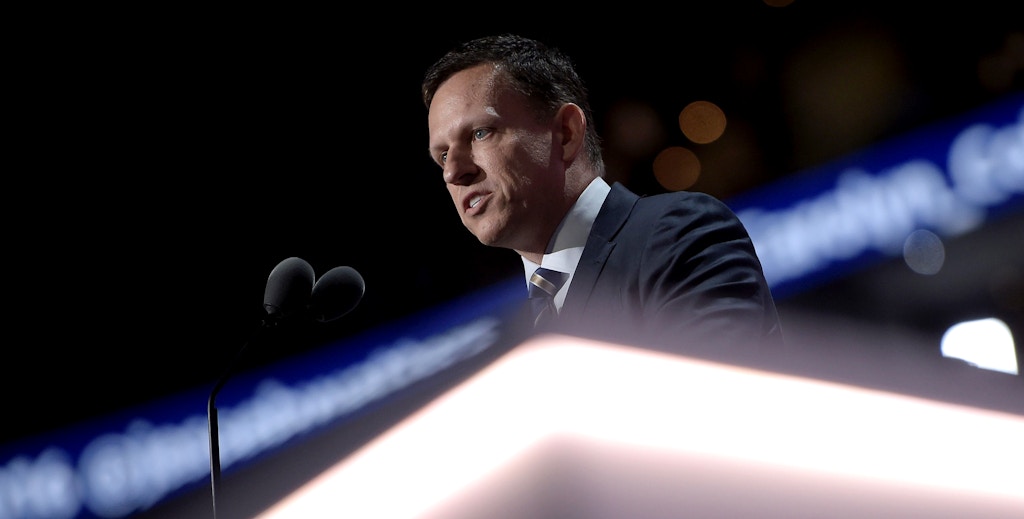 PayPal co-founder Peter Thiel speaks during the Republican National Convention at the Quicken Loans Arena in Cleveland, Ohio on July 21, 2016. / AFP / Brendan Smialowski        (Photo credit should read BRENDAN SMIALOWSKI/AFP/Getty Images)