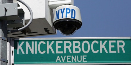 BROOKLYN, NY - APRIL 17:  A New York City Police Department wireless video recorder attached to a lamp post is seen on Knickerbocker Avenue April 17, 2006 in the Brooklyn borough of New York City. The set of cameras along Knickerbocker Ave. are the first installation of what will be 500 high-tech security cameras around the city. If the city receives $81.5 million in federal grants it plans on installing hundreds additionally in Lower Manhattan and midtown  (Photo by Mario Tama/Getty Images)