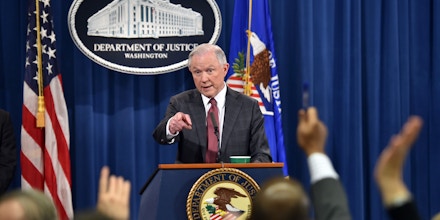US Attorney General Jeff Sessions answers questions during a press conference at the US Justice Department on March 2, 2017, in Washington DC. / AFP PHOTO / Nicholas Kamm        (Photo credit should read NICHOLAS KAMM/AFP/Getty Images)