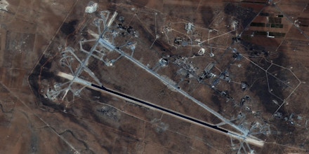 This Oct. 7, 2016 satellite image released by the U.S. Department of Defense shows Shayrat air base in Syria. The United States blasted a Syrian air base with a barrage of cruise missiles on Friday, April 7, 2017 in fiery retaliation for this week's gruesome chemical weapons attack against civilians. (DigitalGlobe/U.S. Department of Defense via AP)