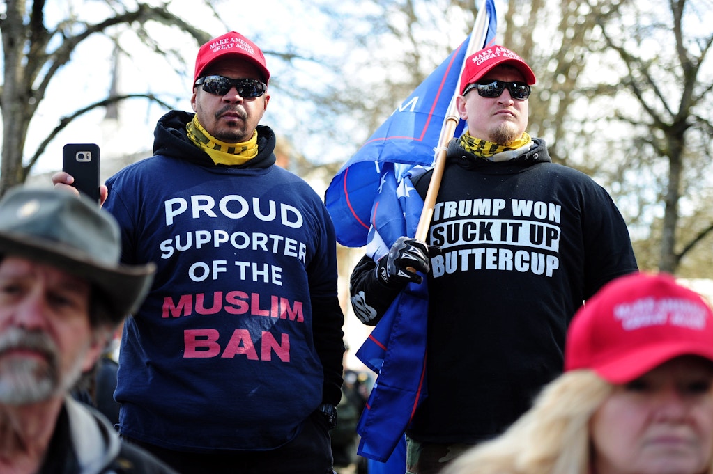 Pro-Trump supporters take part in a "Make America Great Again" rally in Salem, Ore., on March 25, 2017. (Photo by Alex Milan Tracy) *** Please Use Credit from Credit Field ***(Sipa via AP Images)