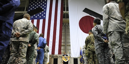 US Secretary of Defense Leon Panetta delivers a speech after arriving at the Yokota airforce base in Tokyo on October 24, 2011. Panetta met some 230 US and Japanese soldiers at the US air base after arriving from Indonesia.    AFP PHOTO / TOSHIFUMI KITAMURA (Photo credit should read TOSHIFUMI KITAMURA/AFP/Getty Images)