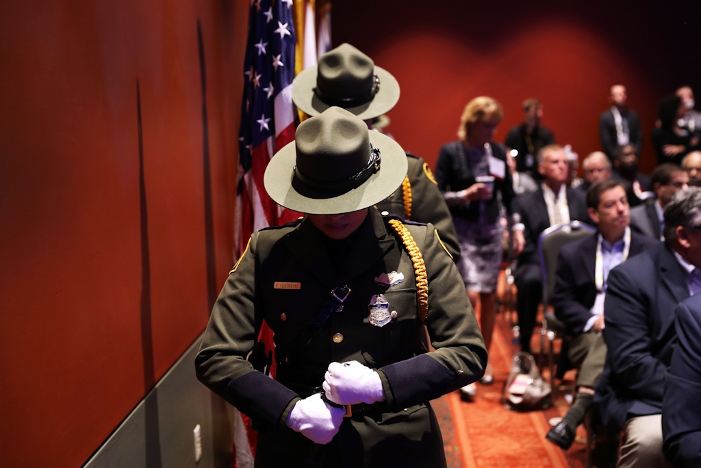 SAN ANTONIO, TX - APRIL 12:  A U.S. Border Patrol honor guard attends a ceremony for fallen agents at the Border Security Expo on April 12, 2017 at the Henry B. Gonzalez Convention Center in San Antonio, Texas. The Department of Homeland security has been tasked with hiring 5,000 new Border Patrol Agents and 10,000 new agents for Immigration and Customs Enforcement (ICE) as part of the Trump Administration's push to increase border security and inforce U.S. immigration law. The annual expo brings together government officials and private sector firms promoting new technology, most of it for sale to the federal government.  (Photo by John Moore/Getty Images)
