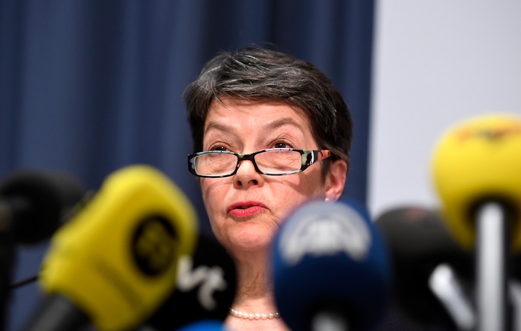 Chief prosecutor Marianne Ny speaks during a press conference in Stockholm on Friday May 19, 2017.  Sweden's top prosecutor said Friday she is dropping an investigation into a rape claim against WikiLeaks founder Julian Assange after almost seven years. (Maja Suslin/TT News Agency via AP)