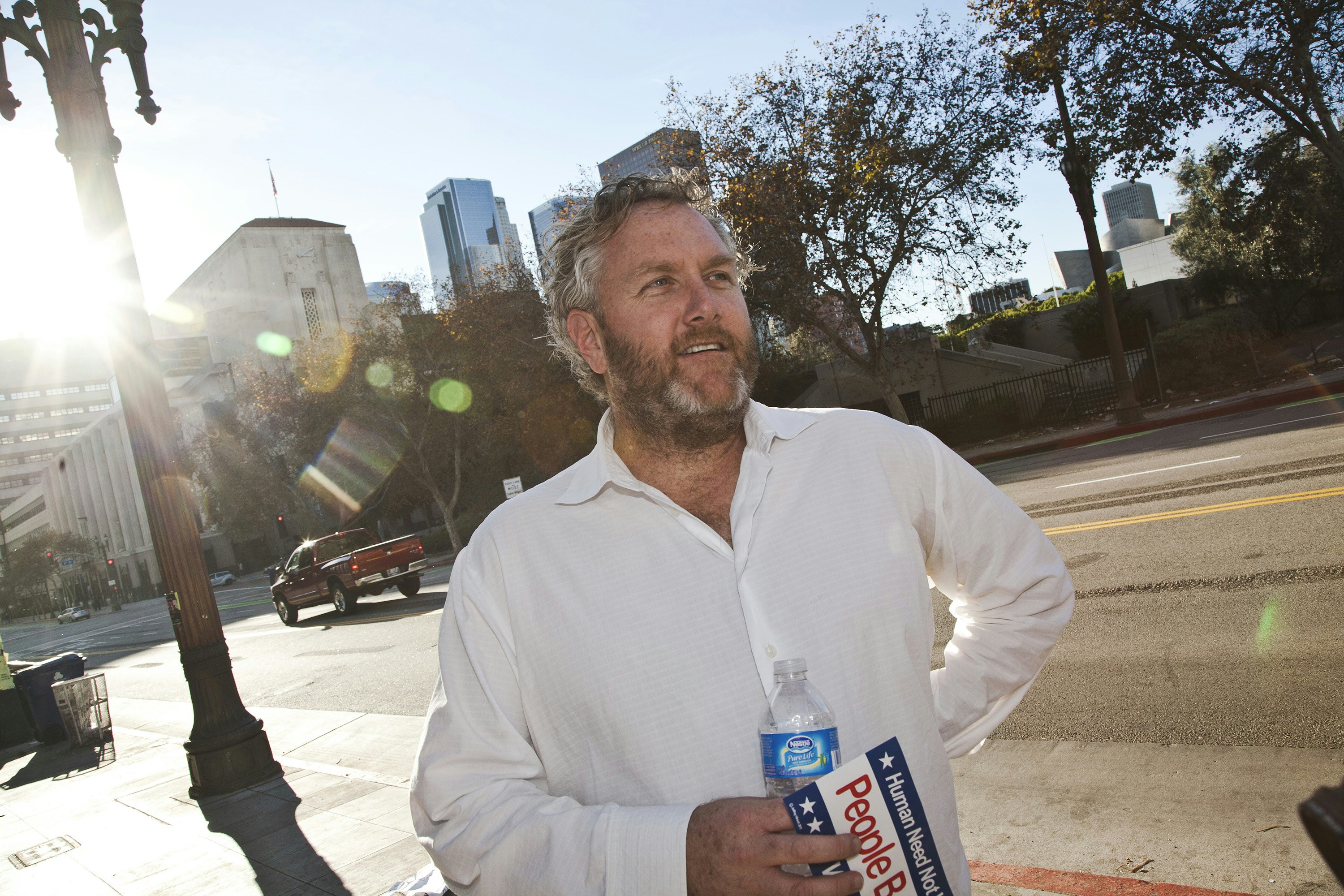 Conservative blogger Andrew Breitbart at the Occupy L.A. site. He was interviewing occupiers for his blog and TV program. (Photo by Ted Soqui/Corbis via Getty Images)