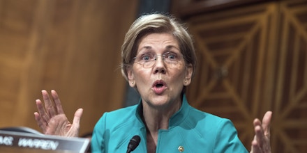UNITED STATES - MAY 18: Sen. Elizabeth Warren, D-Mass., questions Treasury Secretary Steve Mnuchin during a Senate Banking Committee hearing in Dirksen Building titled 