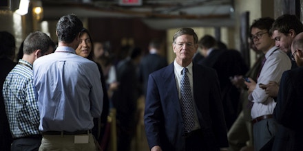 UNITED STATES - OCTOBER 4: Rep. Lamar Smith, R-Texas, leaves the House Republican Conference meeting in the basement of the Capitol on Friday, Oct. 4, 2013.  (Photo By Bill Clark/CQ Roll Call) (CQ Roll Call via AP Images)