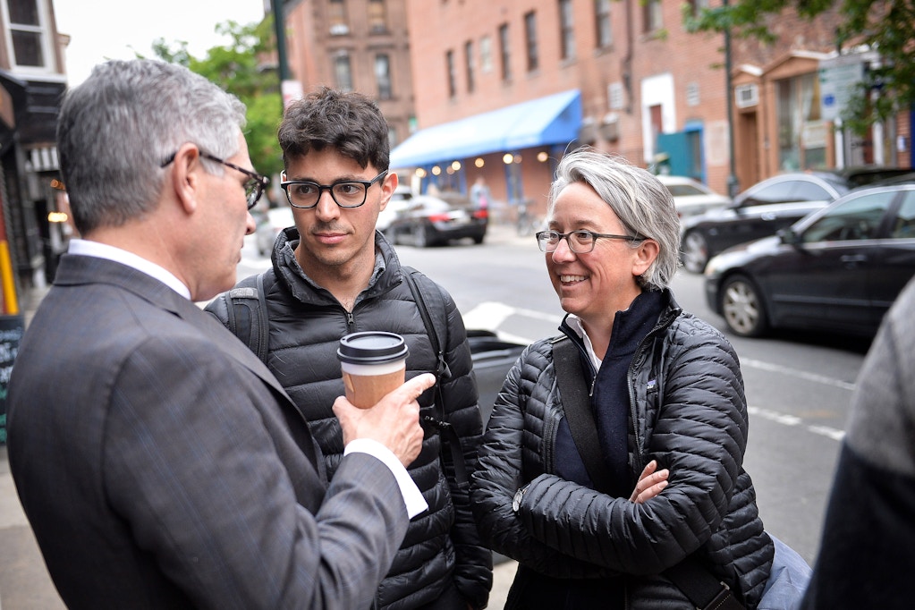 Philadelphia District Attorney candidate Lawrence Krasner speaks with Bernie Sanders supporter Becky Bond during a volunteer thank you event in Philadelphia, PA, Thursday, May 11, 2017.Charles Mostoller for the Intercept