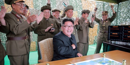 This undated picture released from North Korea's official Korean Central News Agency (KCNA) on June 23, 2016 shows North Korean leader Kim Jong-Un (C) inspecting a test of the surface-to-surface medium long-range strategic ballistic missile Hwasong-10 at an undisclosed location in North Korea.The Musudan -- also known as the Hwasong-10 -- has a theoretical range of anywhere between 2,500 and 4,000 kilometres (1,550 to 2,500 miles). / AFP / KCNA VIA KNS / KCNA / South Korea OUT / REPUBLIC OF KOREA OUT ---EDITORS NOTE--- RESTRICTED TO EDITORIAL USE - MANDATORY CREDIT 