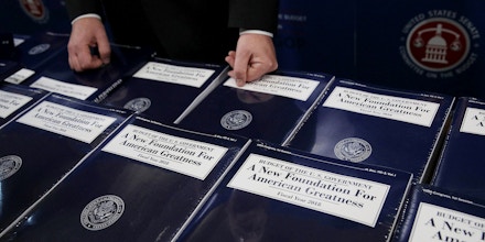 WASHINGTON, DC - MAY 23:  Stacks of President Donald Trump's FY2018 budget proposal are seen during a photo availability May 23, 2017 on Capitol Hill in Washington, DC. President Trump has sent his FY2018 budget proposal request to the Congress.  (Photo by Alex Wong/Getty Images)