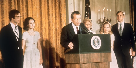 American politician Richard Nixon (1913 - 1994) at the White House with his family after his resignation as President, 9th August 1974. From left, son-in-law David Eisenhower, Julie Nixon-Eisenhower, Richard Nixon,  Pat Nixon (1912 - 1993), Tricia Nixon and her husband Edward Cox, August 1974. (Photo by Keystone/Hulton Archive/Getty Images)