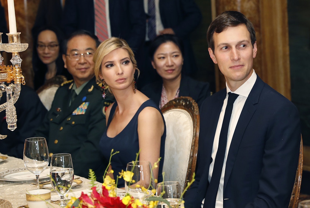 FILE - In this Thursday, April 6, 2017, file photo, Ivanka Trump, second from right, the daughter and assistant to President Donald Trump, is seated with her husband White House senior adviser Jared Kushner, right, during a dinner with President Donald Trump and Chinese President Xi Jinping, at Mar-a-Lago, in Palm Beach, Fla. China's Ministry of Foreign Affairs spokesman Lu Kang on Wednesday defended the handling of the applications of the trademarks won by U.S. President Donald Trump’s daughter Ivanka and her company, saying that all such requests are handled fairly. (AP Photo/Alex Brandon, File)