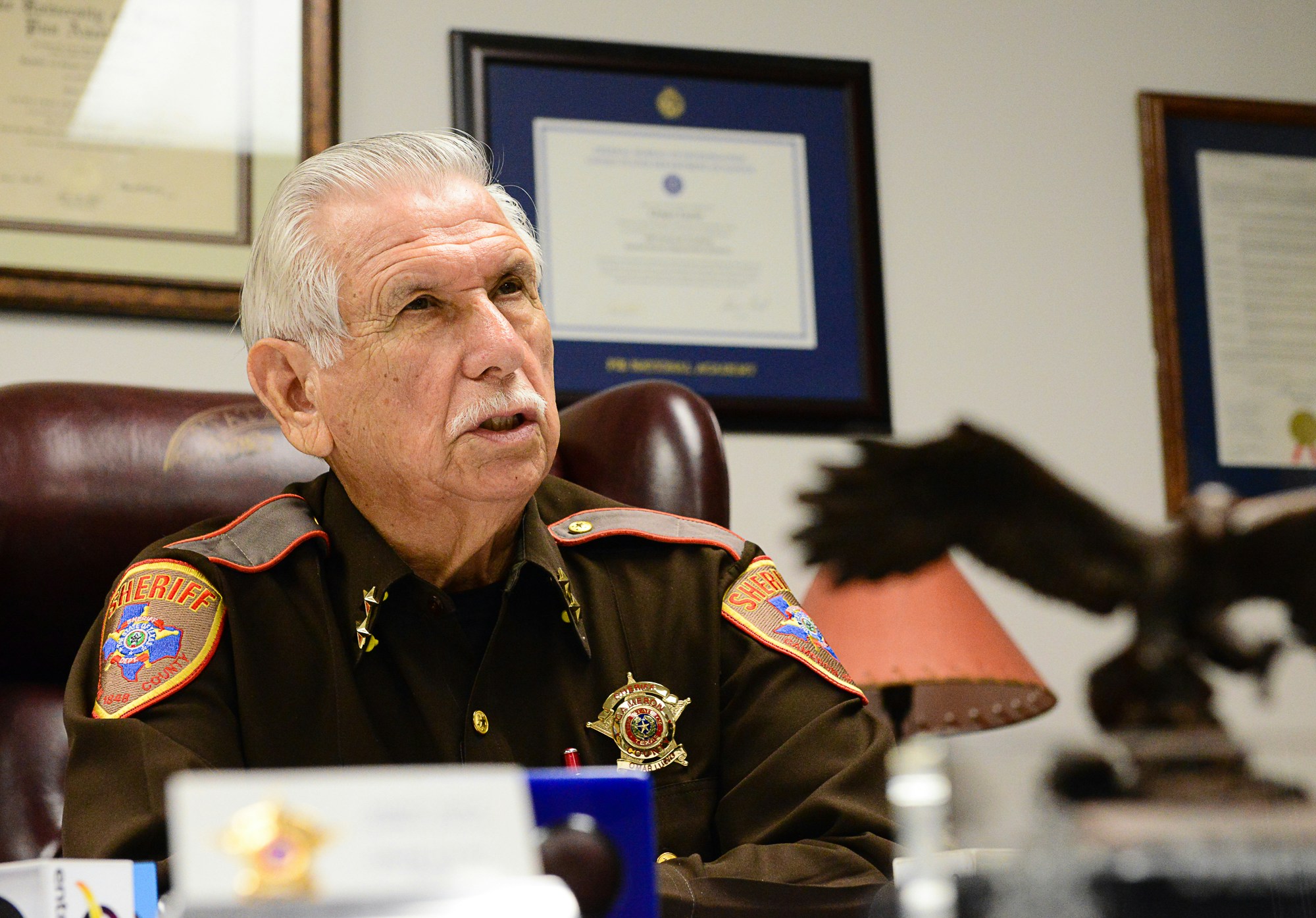 Cameron County Sheriff Omar Lucio speaks to the media at a conference on Wednesday, July 20, 2016, in Brownsville, Texas. Lucio discussed two recent incidents, an armed robbery in La Feria, and an arrest of two young men who are now charged with transporting narcotics in Brownsville. (Jason Hoekema/The Brownsville Herald via AP)