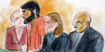 Artist drawing of terror suspect Hamid Hayat, second from left, sits with with unidentified translator, far left, attorney Wazhma Mojaddidi, second from right, and attorney Johnny Griffin, right, in a federal court in Sacramento, Calif., Friday, June 10, 2005.   The 22-year-old was arrested this week as part of a terror investigation in Lodi, Calif.  (AP Photo/Joan Lynch)