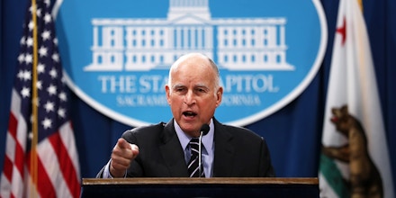 SACRAMENTO, CA - MAY 11:  California Gov. Jerry Brown speaks to reporters during a news conference where he revealed his revised California State budget on May 11, 2017 in Sacramento, California. California Gov. Jerry Brown unveiled a revised, $180 billion budget proposal.  (Photo by Justin Sullivan/Getty Images)