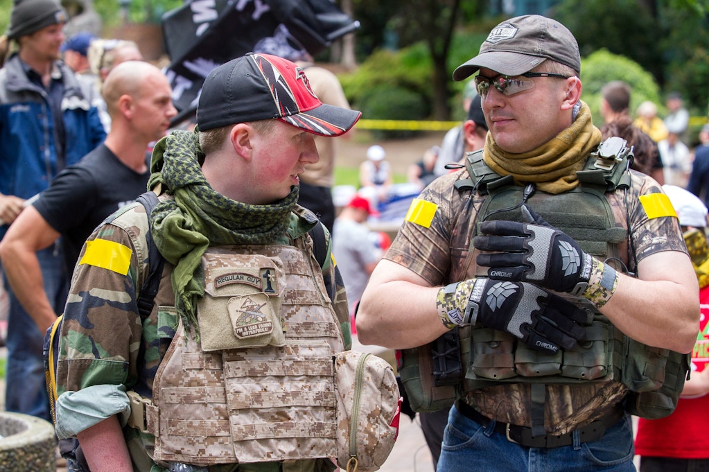 PORTLAND, OR - JUNE 04:  Members of a security detachtment at the pro-Trump Freedom Rally at Terry Schrunk plaza in downtown Portland on June 4, 2017 (Photo by Diego Diaz/Icon Sportswire) (Icon Sportswire via AP Images)