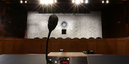 WASHINGTON, DC - JUNE 13:  A microphone is placed on the witness table for a hearing U.S. Attorney General Jeff Sessions will testify before the Senate Select Committee on Intelligence June 13, 2017 on Capitol Hill in Washington, DC. Sessions requested to testify publicly on the Justice Department's investigation into Russia's meddling in the 2016 election. (Photo by Alex Wong/Getty Images)