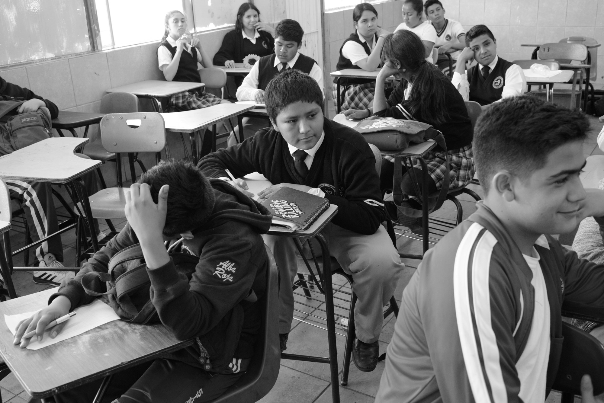 Alexander, 13, in Spanish class at Escuela Secundaria Sindicato Alba Roja.