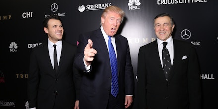 MOSCOW, RUSSIA - NOVEMBER 09: Emin Agalarov, Donald Trump and Aras Agalarov attend the red carpet at Miss Universe Pageant Competition 2013 on November 9, 2013 in Moscow, Russia. (Photo by Victor Boyko/Getty Images)