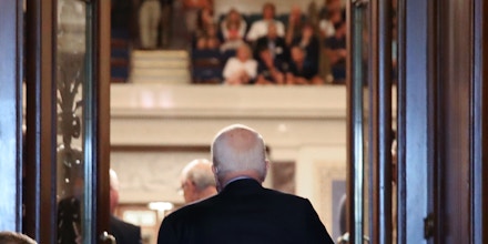 WASHINGTON, DC - JULY 25:  Sen. John McCain (R-AZ) walks into the U.S. Senate chamber on July 25, 2017 in Washington, DC. McCain was recently diagnosed with brain cancer but returned on the day the Senate is holding a key procedural vote on U.S. President Donald TrumpÍs effort to repeal and replace the Affordable Care Act.  (Photo by Mark Wilson/Getty Images)