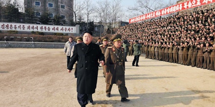 This undated picture released from North Korea's official Korean Central News Agency (KCNA) on January 12, 2014 shows North Korean leader Kim Jong-Un (front L) inspecting the command of Korean People's Army (KPA) Unit 534.    AFP PHOTO / KCNA via KNS    REPUBLIC OF KOREA OUT   THIS PICTURE WAS MADE AVAILABLE BY A THIRD PARTY. AFP CAN NOT INDEPENDENTLY VERIFY THE AUTHENTICITY, LOCATION, DATE AND CONTENT OF THIS IMAGE. THIS PHOTO IS DISTRIBUTED EXACTLY AS RECEIVED BY AFP    ---EDITORS NOTE--- RESTRICTED TO EDITORIAL USE - MANDATORY CREDIT 