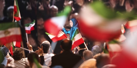The great annual meeting of the Iranian resistance (NCRI) took place at the Villepinte exhibition center near Paris, France, on 1st July 2017. Mariam Radjavi (C) spoke in front of more than 100 000 people from the Iranian diaspora, coming from all over the world.French and international political leaders also made a speech to support her. (Photo by Siavosh Hosseini/NurPhoto via Getty Images)