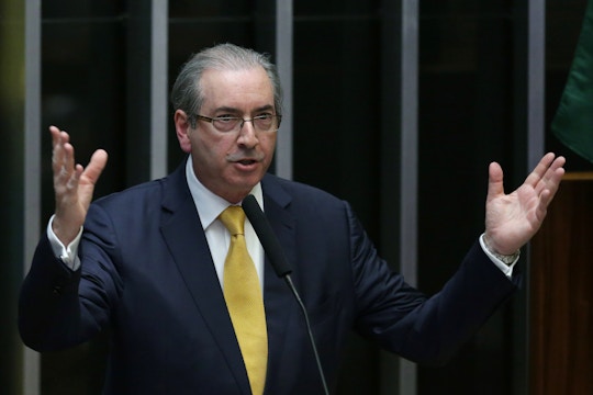 Brazil's former President of the Chamber of Deputies Eduardo Cunha speaks during the presentation of his defense in the Chamber of Deputies, in Brasilia, Brazil, Monday, Sept. 12, 2016. Prosecutors accuse Cunha of corruption and money laundering for his role in negotiating contracts for drill ships and say he received an illegal payment of $5 million. (AP Photo/Eraldo Peres)